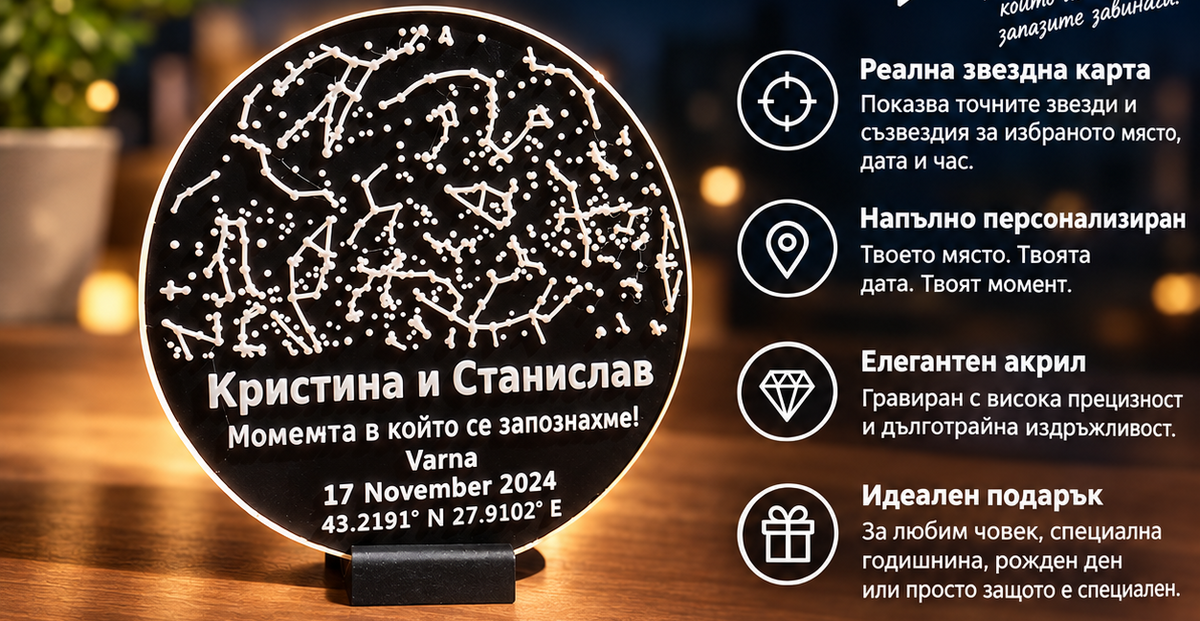 Персонализирана звездна карта – Уникален подарък